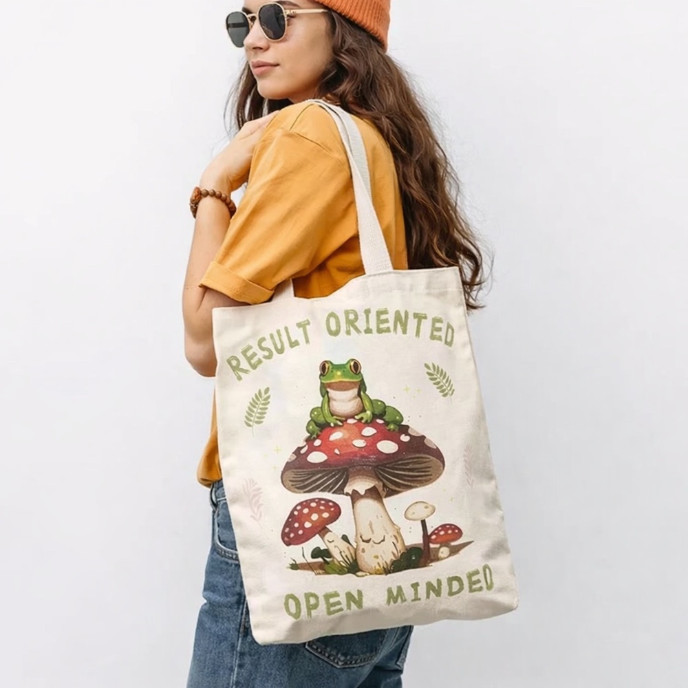 NOWT Open Minded Frog Aesthetic Mushroom Canvas Tote Bag